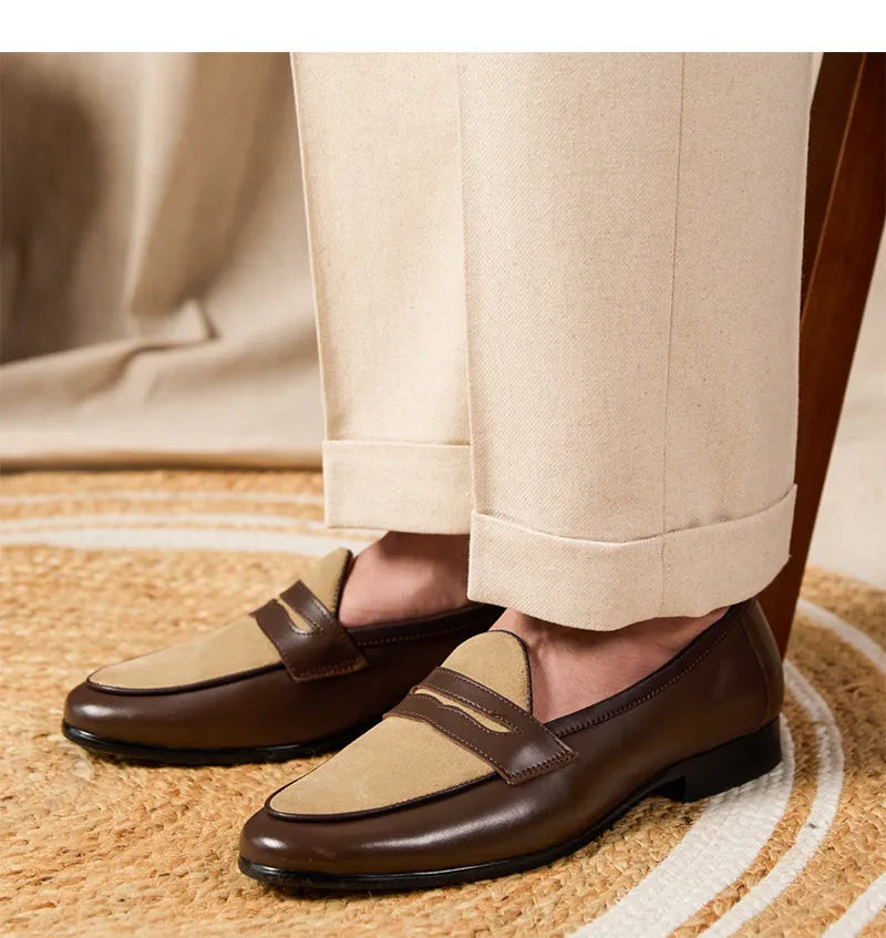 Coffee grey British style loafers with suede leather uppers and slip-on design