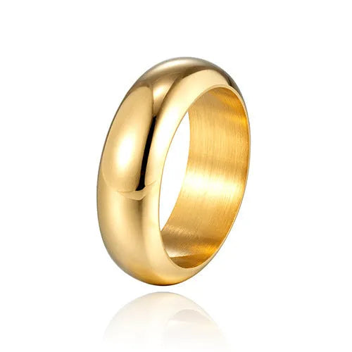 Glossy electroplated titanium steel ring in gold, black, and steel colour options showing polished finish