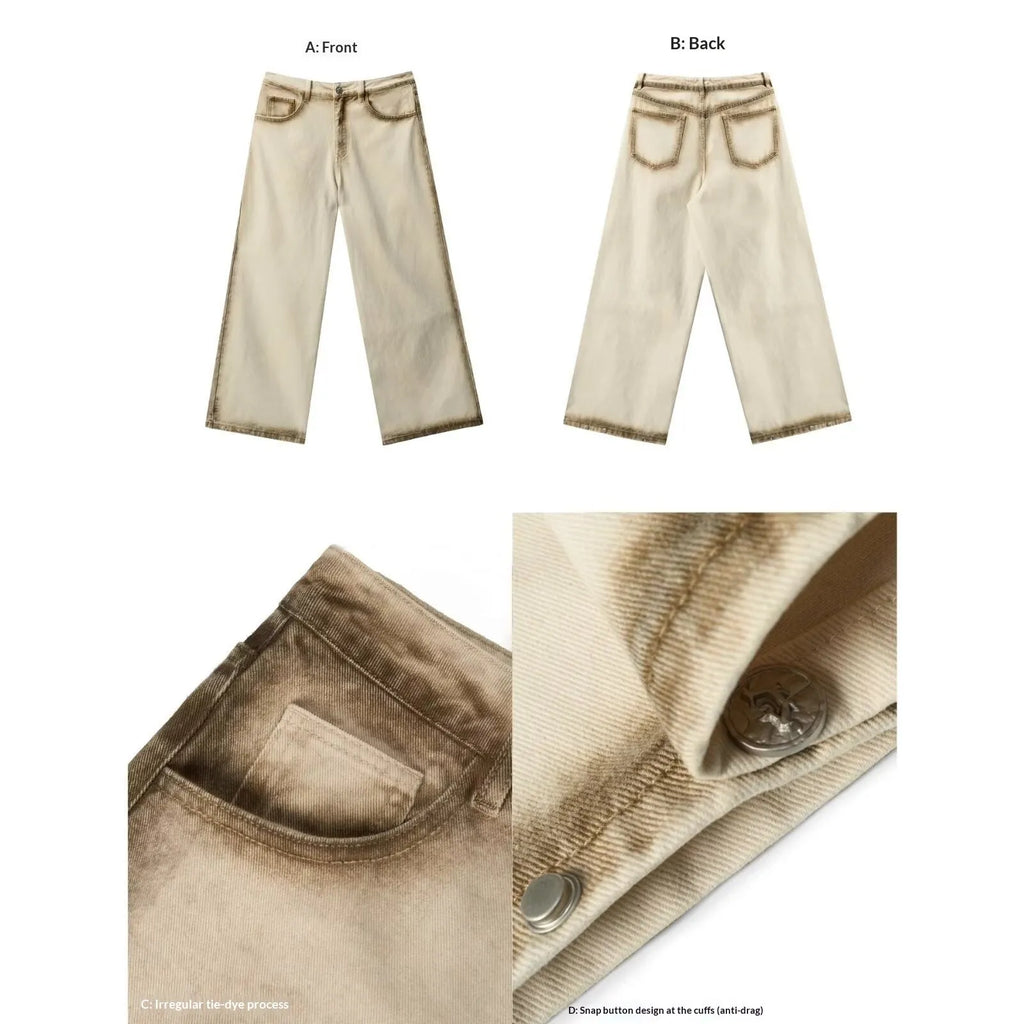 Beige loose straight floor-length cotton trousers with mid-rise waist