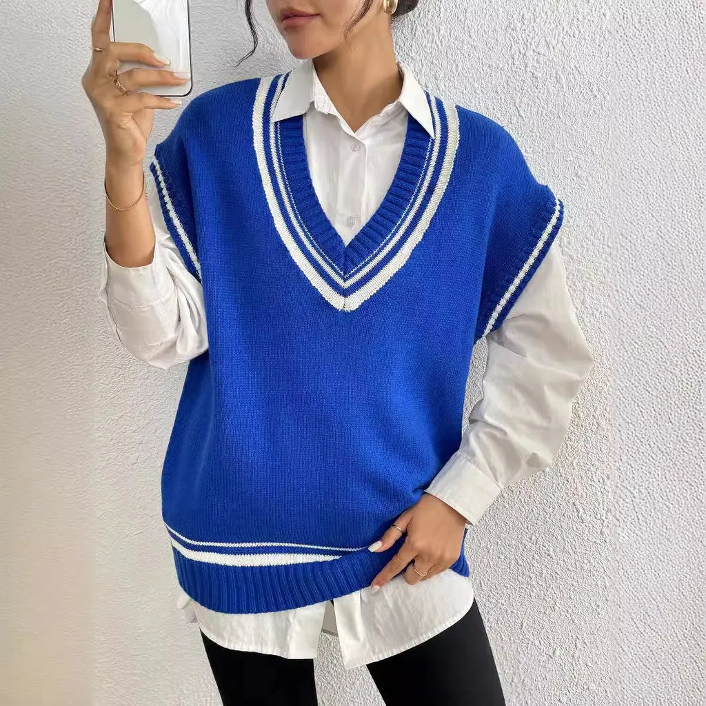Women's college style loose fit vest sweater in black, blue, and coffee colour options