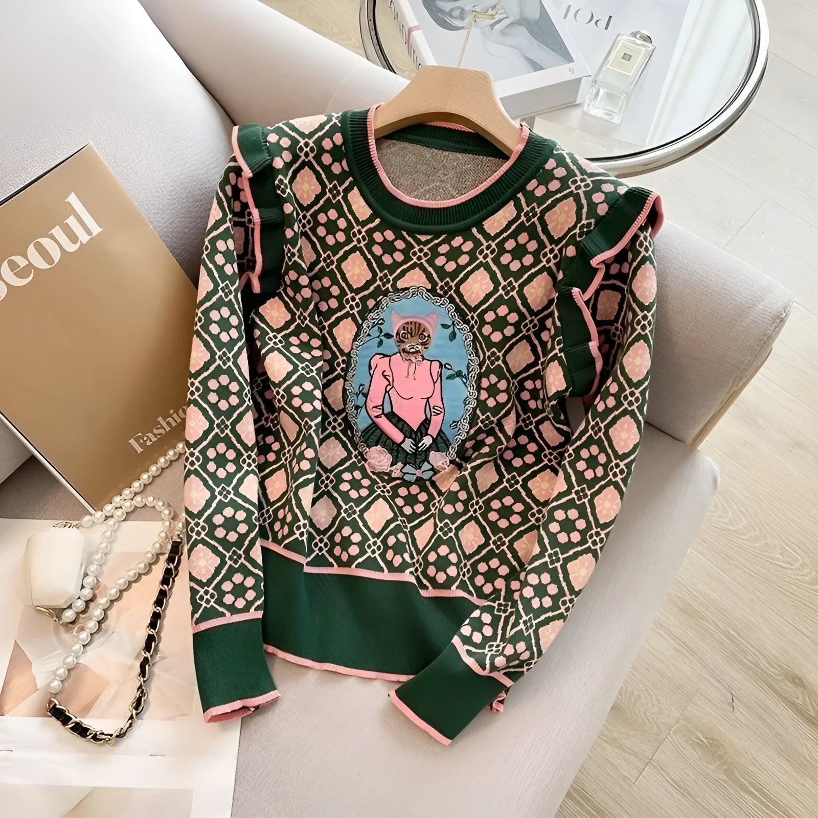 Green women's printed sweater with loose fit design for casual commuter wear
