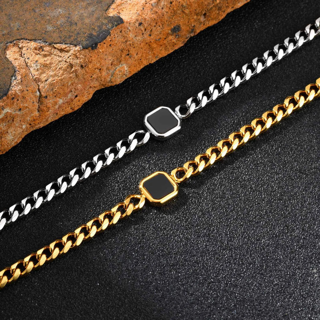 Stainless steel chain bracelet with six-sided acrylic geometric beads in Gold and Steel colour options
