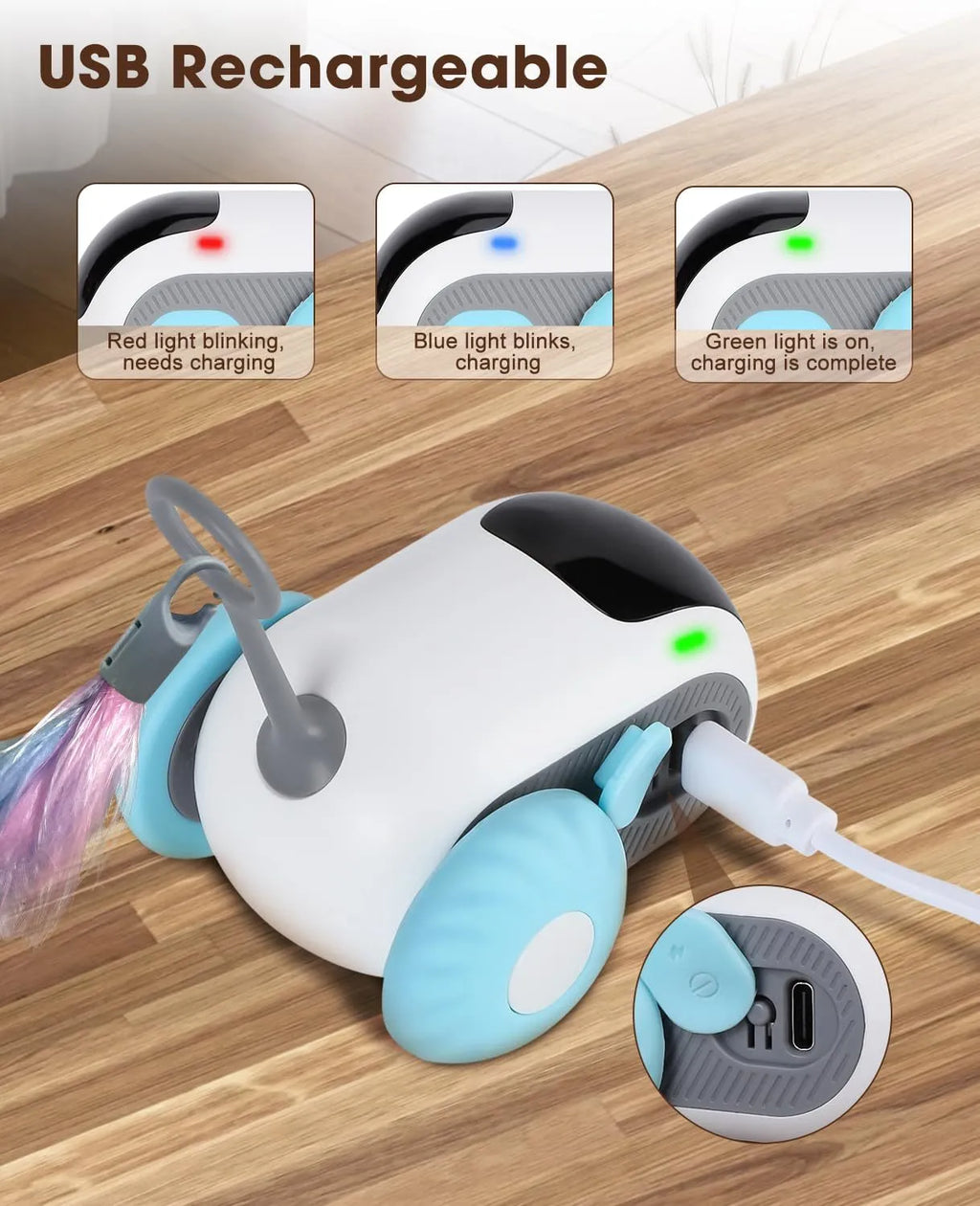 Blue smart cat toy car with feather teaser and remote control for interactive pet play