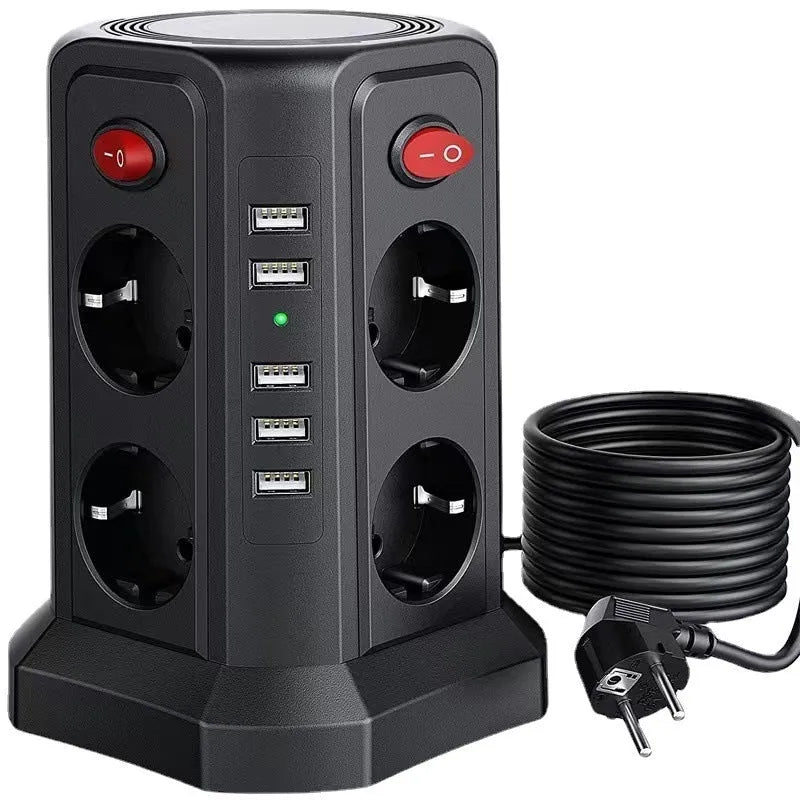 Desktop vertical power strip with 8 socket holes and 4 USB ports in black European standard design