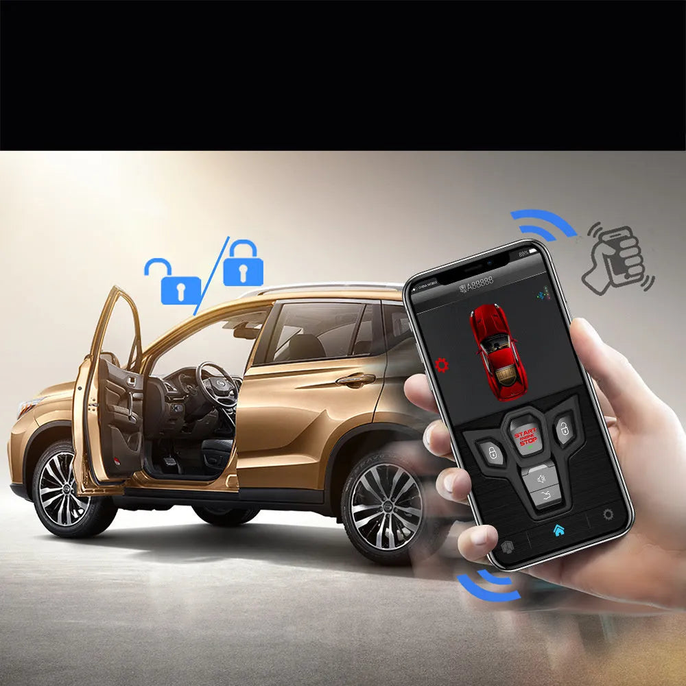Red and black one-way car alarm remote control system with two remotes for 3000m range vehicle security.