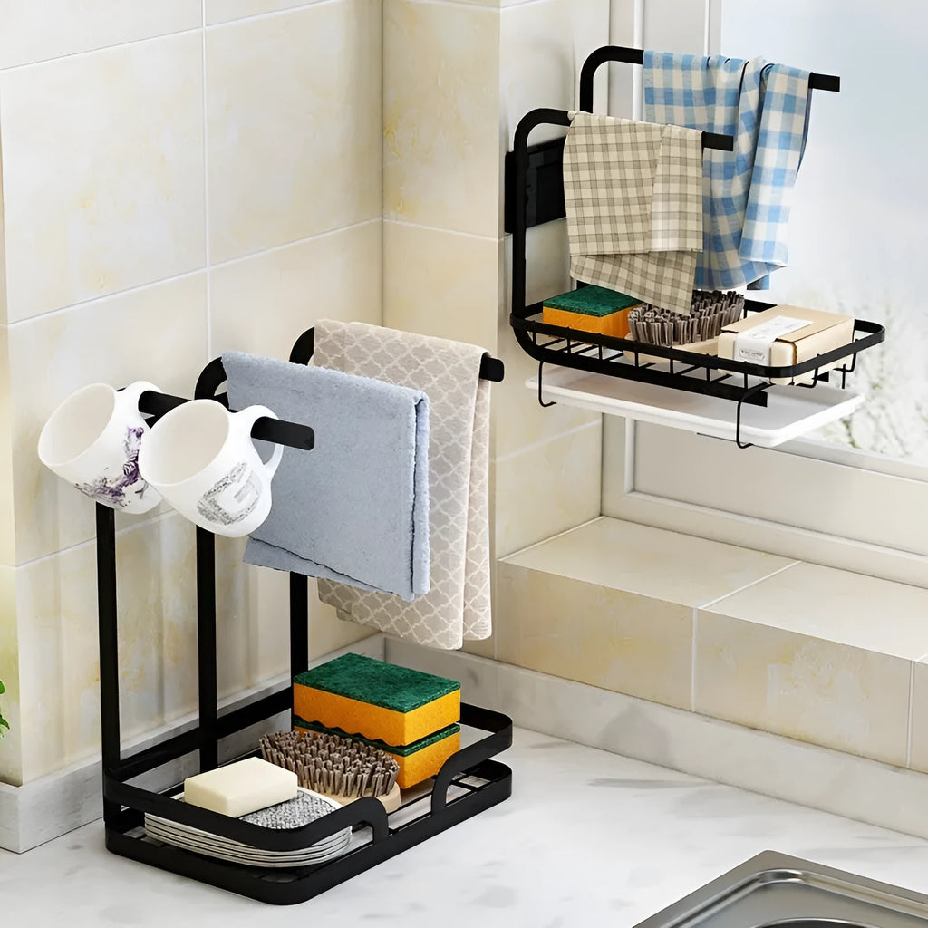 White foldable plastic kitchen storage rack shown in wall-mounted and desktop configurations