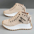 Women's high-top platform shoes in black artificial PU with round toe and lace-up design.