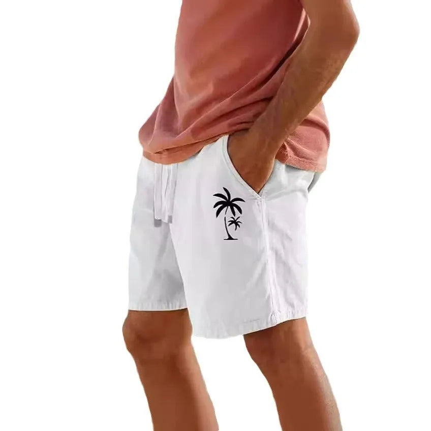Men's cotton blend drawstring shorts with elastic waistband and heat transfer patch design