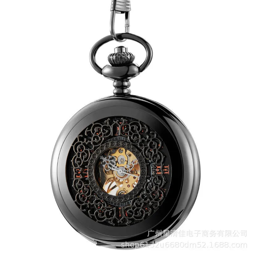 Retro mechanical pocket watch with hollow floral print dial and transparent case back in alloy case