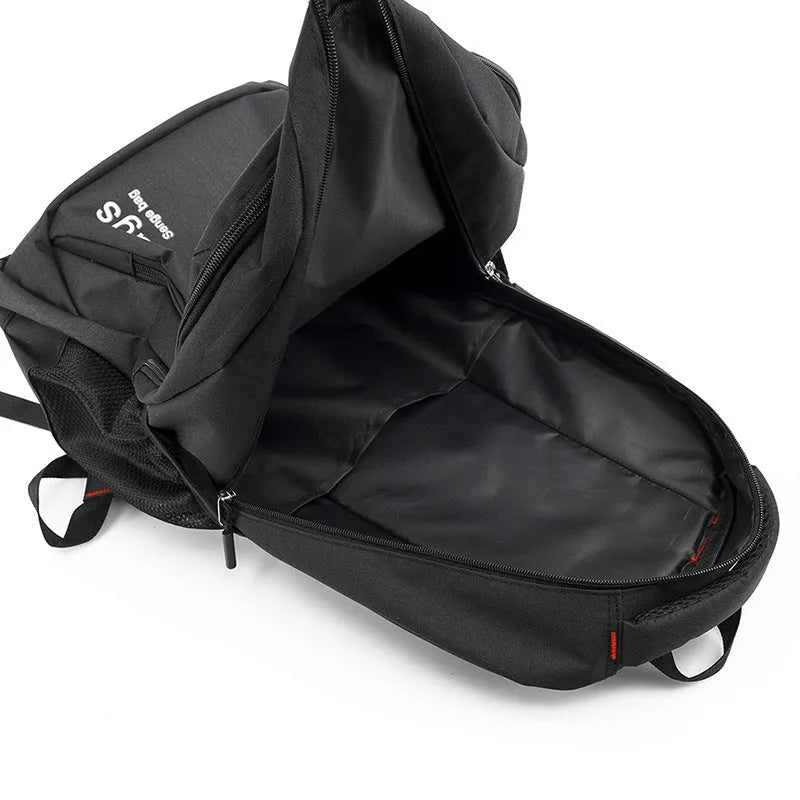 Large black nylon fashion backpack with multiple internal compartments and double shoulder straps.