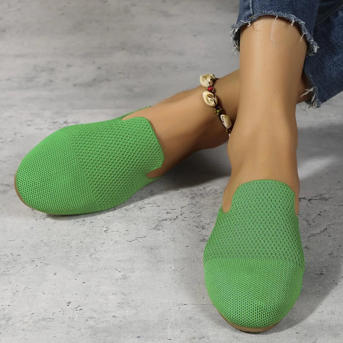 Adult mesh slip-on sandals in apricot, blue, or green with round toe and rubber sole