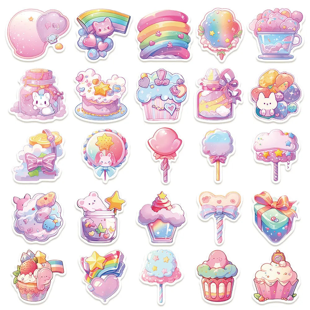 Pack of 50 colourful candy-themed waterproof decorative stickers on sheets.