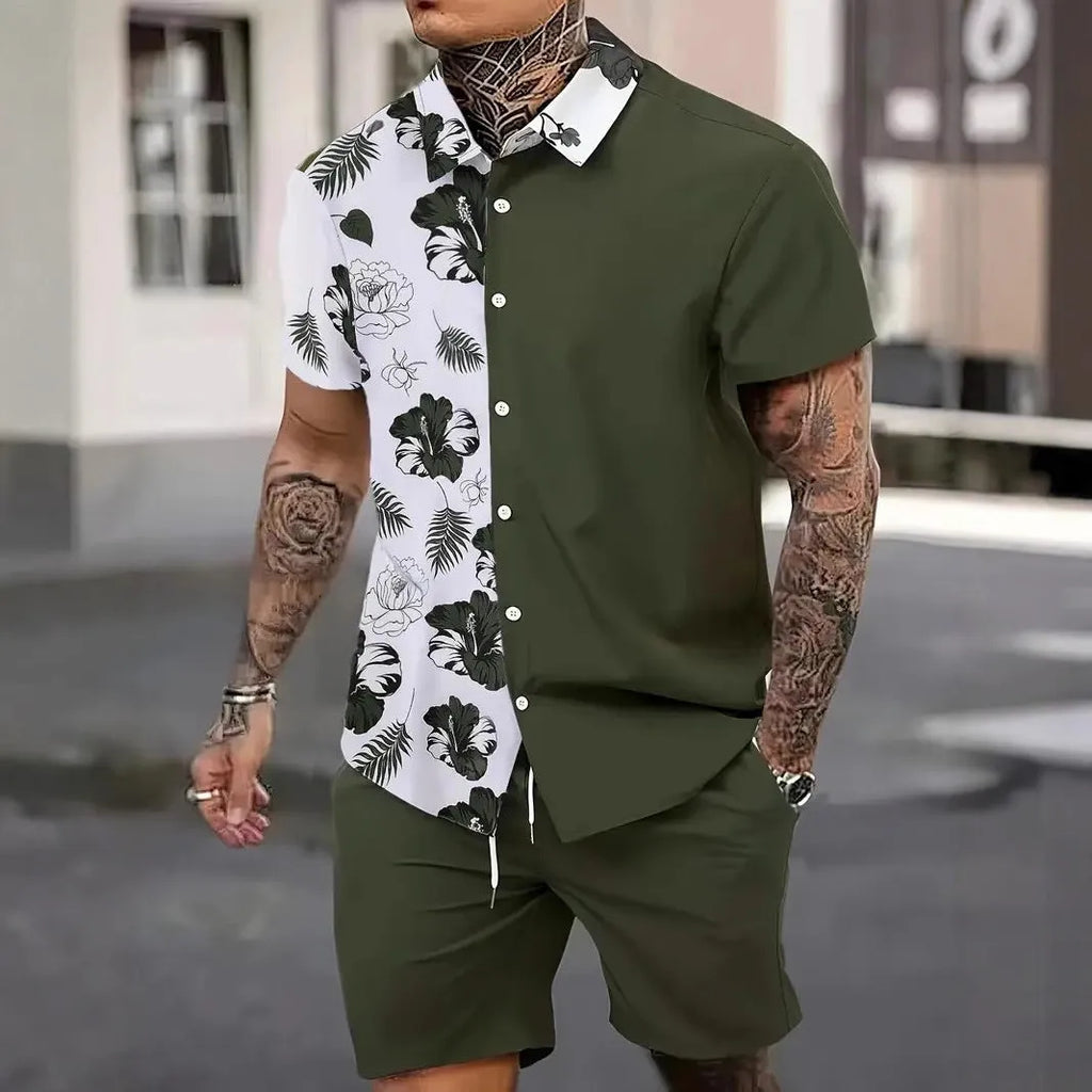 Men's casual Hawaii 3D printed short sleeve top and matching shorts set.