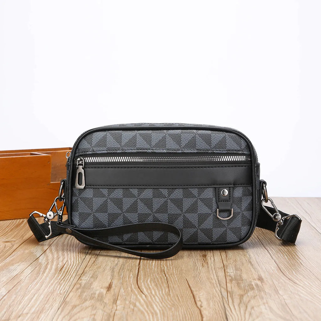 Men's geometric pattern shoulder messenger bag in black PU leather with large capacity design