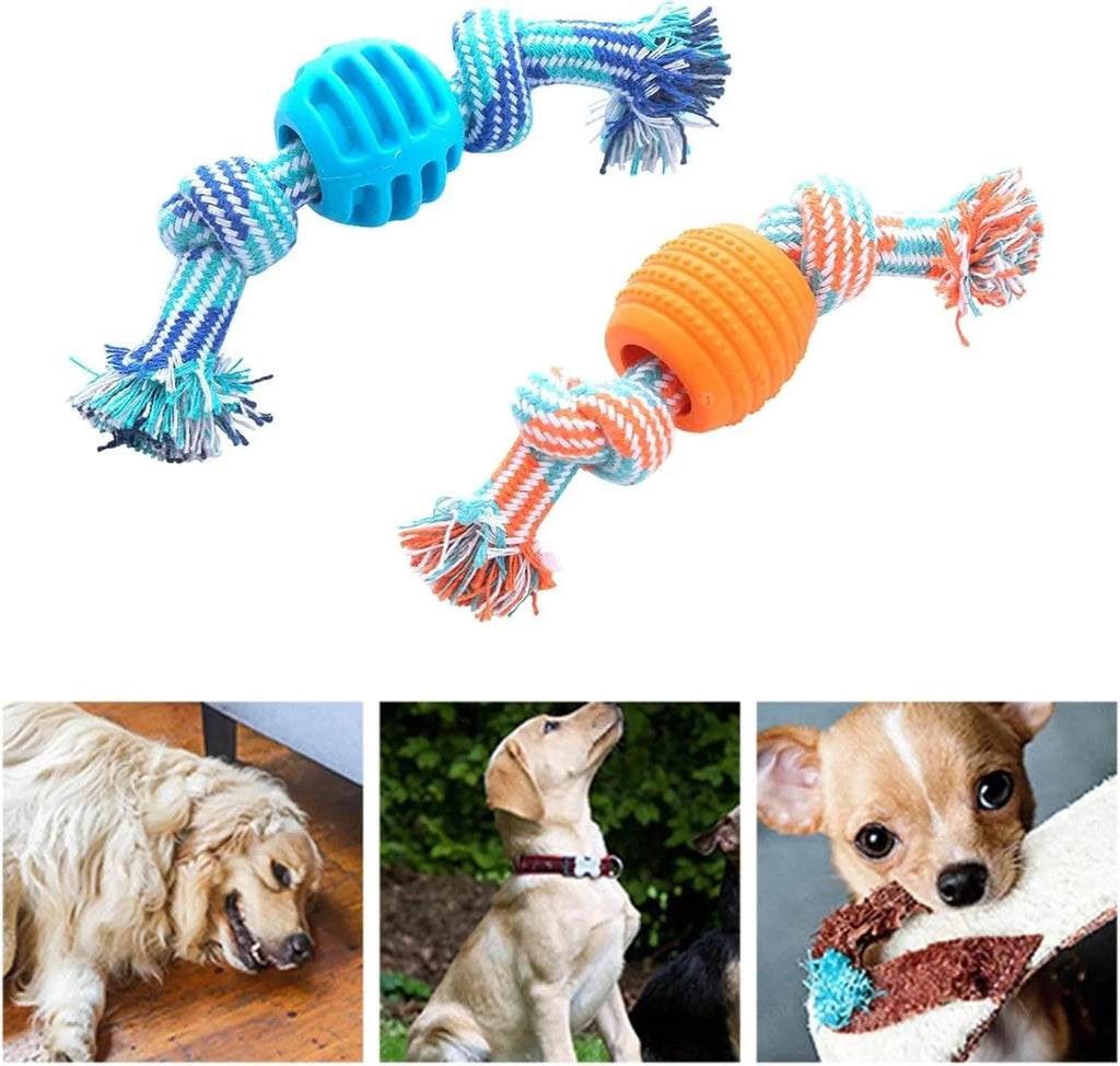 Blue dog chew toy with molar design and rope elements for teeth cleaning and interactive play