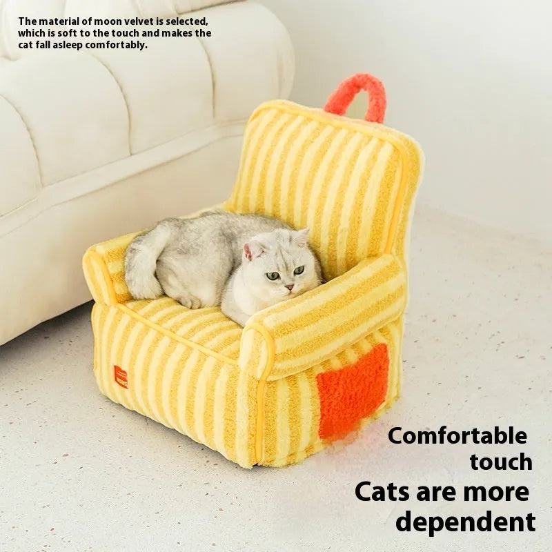 Striped soft velvet pet bed for dogs in orange, purple or yellow colours with removable cover