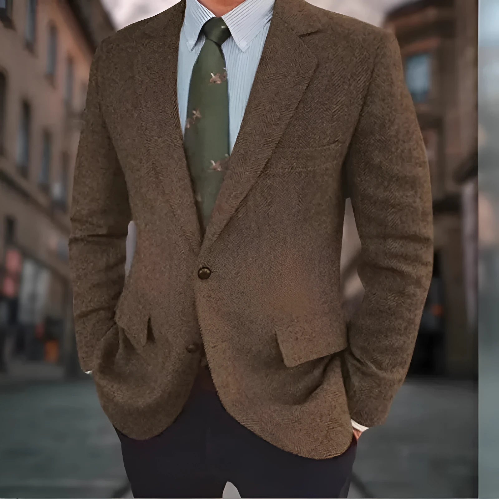 Men's brown herringbone suit jacket with long sleeves and retro business casual style