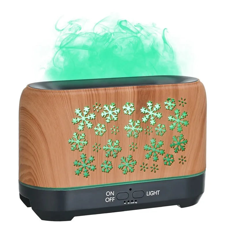 Square plastic humidifier with snowflake wood grain pattern emitting mist and 7-colour flame light effect