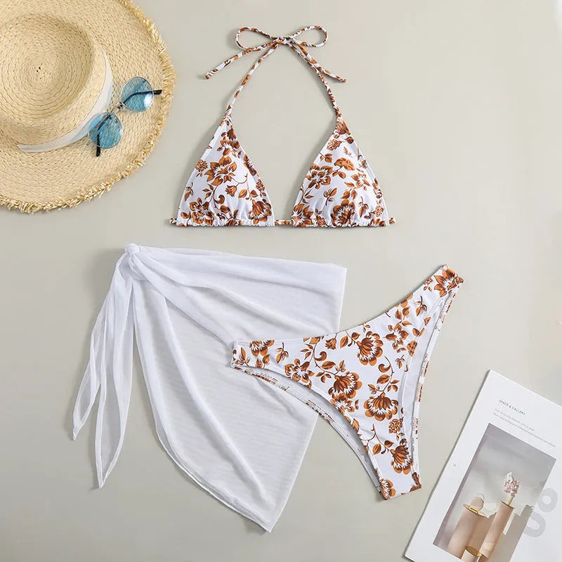 Three-piece printed bikini swimsuit for women in yellow, rose red, green, blue sizes S to XL