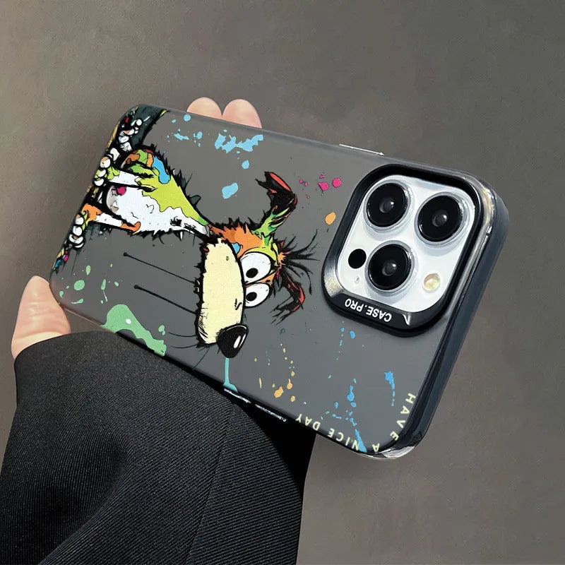 Acrylic cartoon dog pattern silver phone case with soft edge hard back for iPhone models