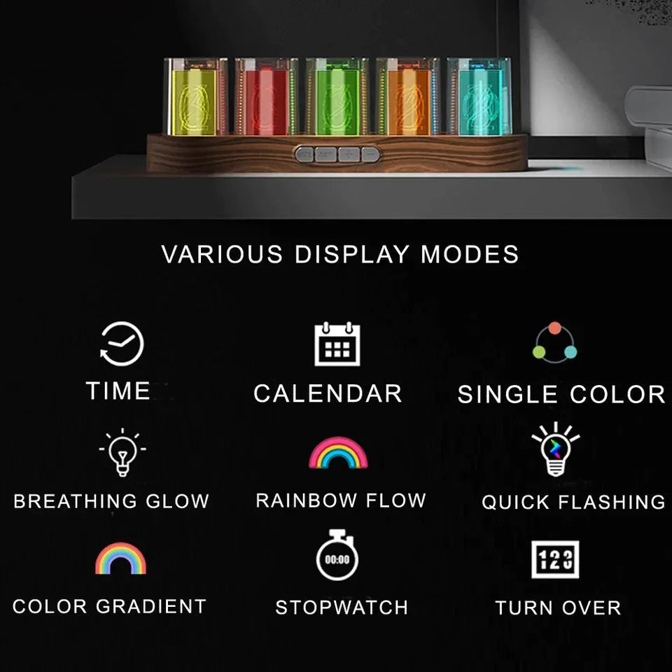 RGB Luminotron LED digital clock in black, white, or wood grain finish showing colourful display on a desk