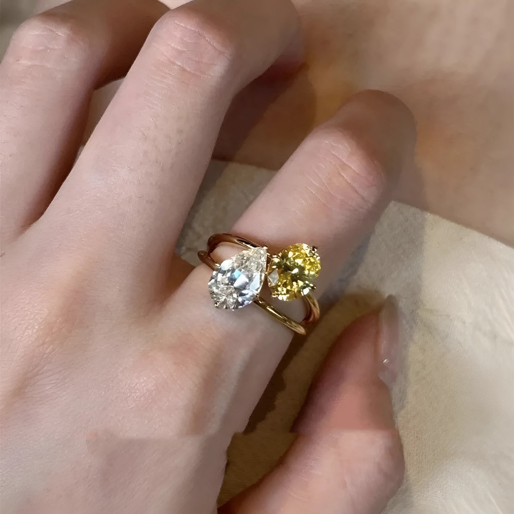 Water drop contrast colour zircon geometric open ring for women with copper construction