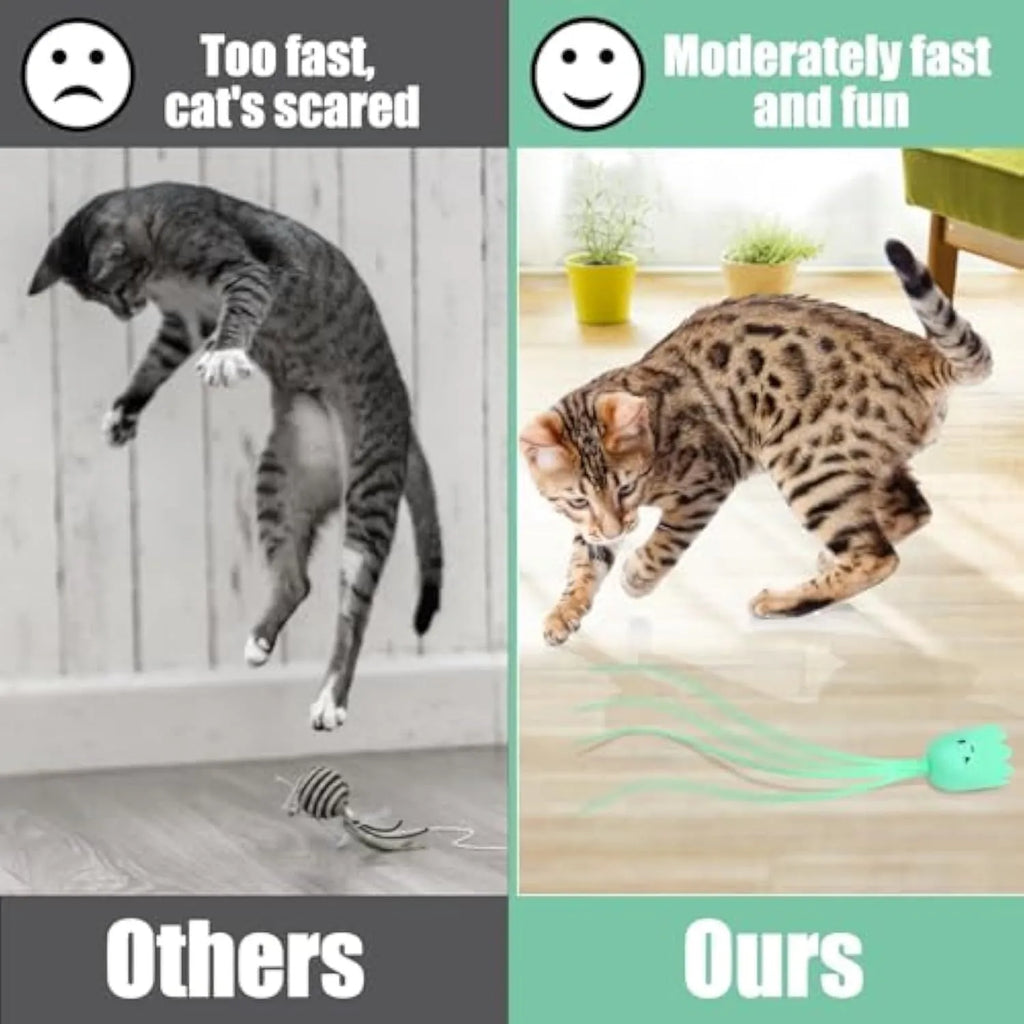 Green automatic cat wand toy with swinging silicone tails on wooden floor