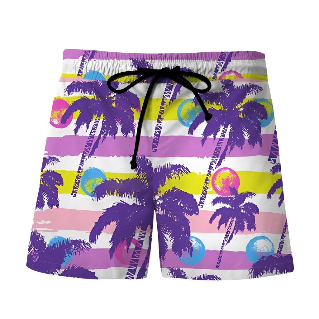 Men's 3D digital printing beach shorts with Hawaiian pattern, polyester fabric, micro-elastic waist