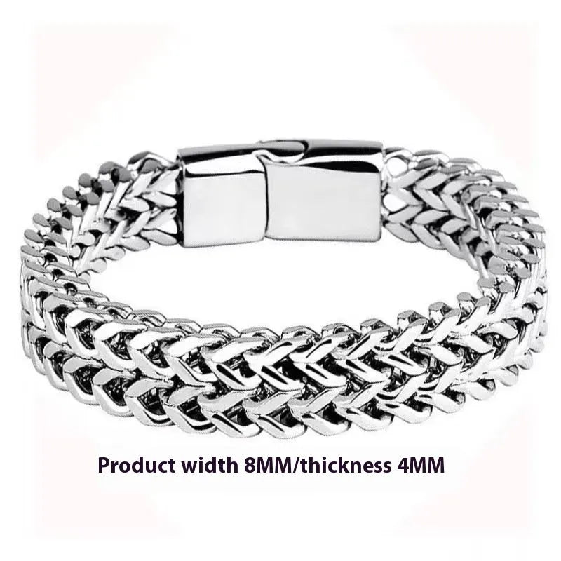 Geometric stainless steel bracelet showing front and back design in silver finish