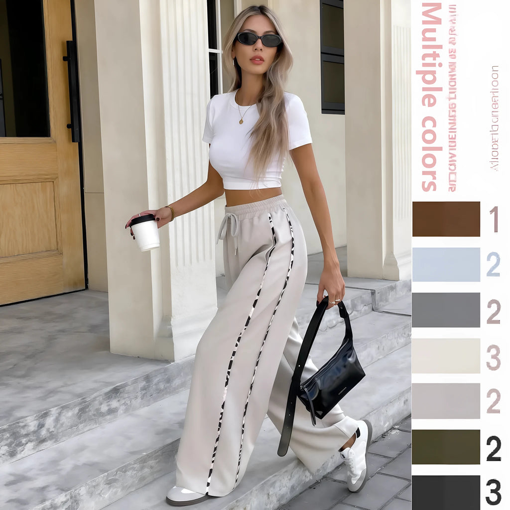 Front view of beige high waist loose straight leg casual pants with a lace-up drawstring detail