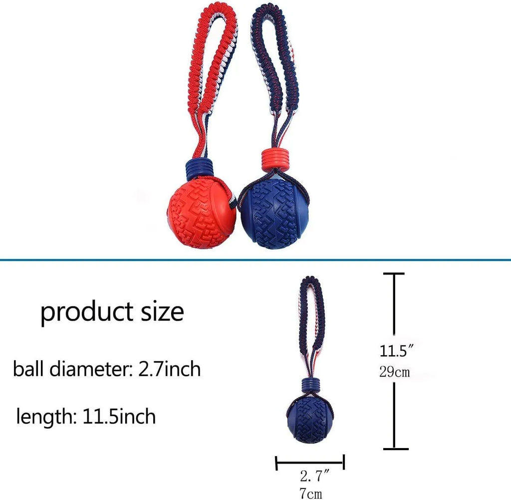 Blue natural rubber dog ball with rope attachment for small medium dogs