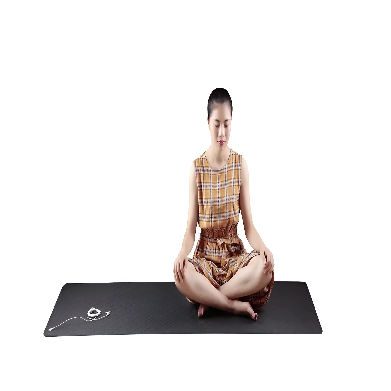 Blue conductive yoga mat with plants and flowers pattern, measuring 182x61cm with grounding wire