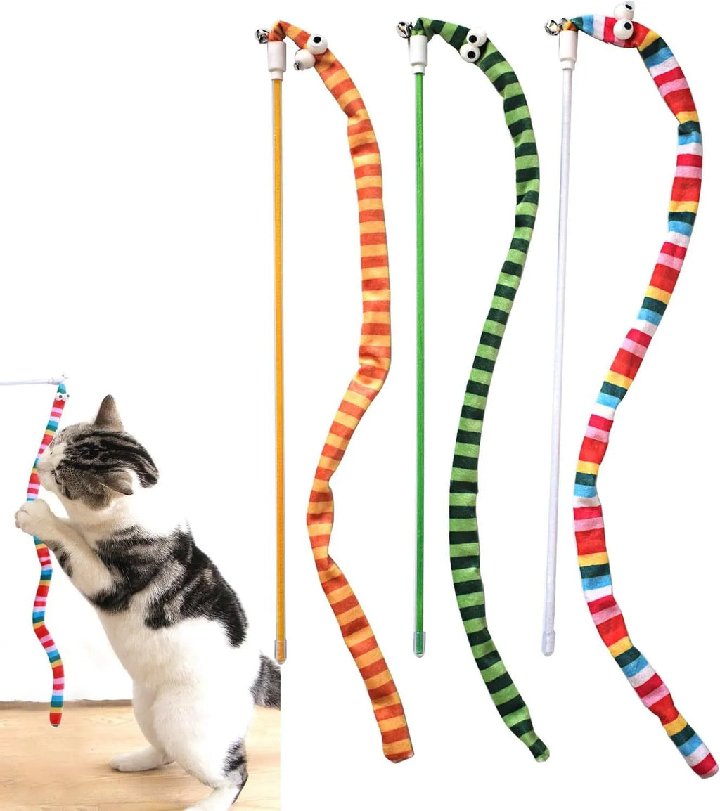 Cat teaser wand with colourful plush strip and bell on a polycarbonate pole.