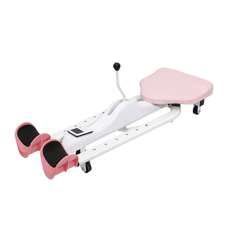 Adjustable horse leg stretcher with steel frame for hip opening exercises in pink colour