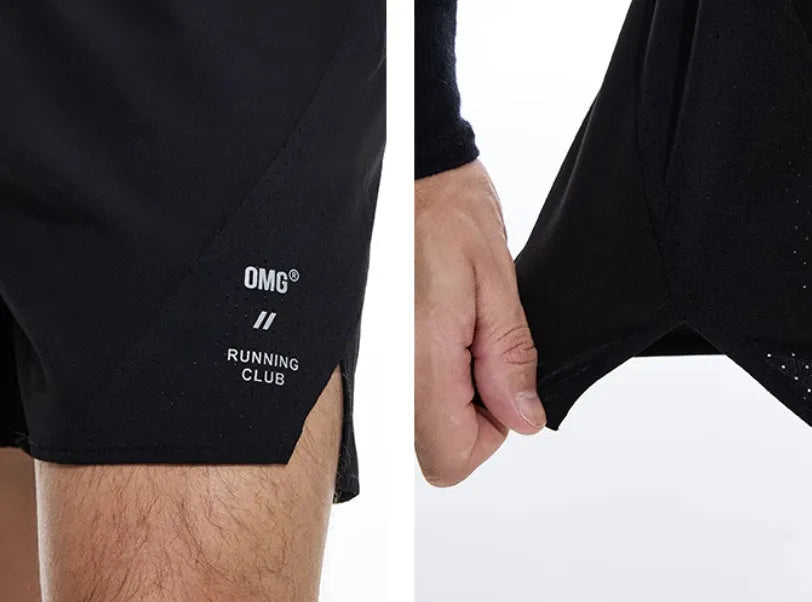 Men's black running shorts with four-sided stretch fabric and laser stitching detail