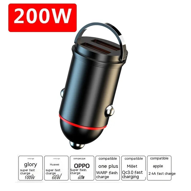 Black zinc alloy 200W car charger showing USB ports and compact design