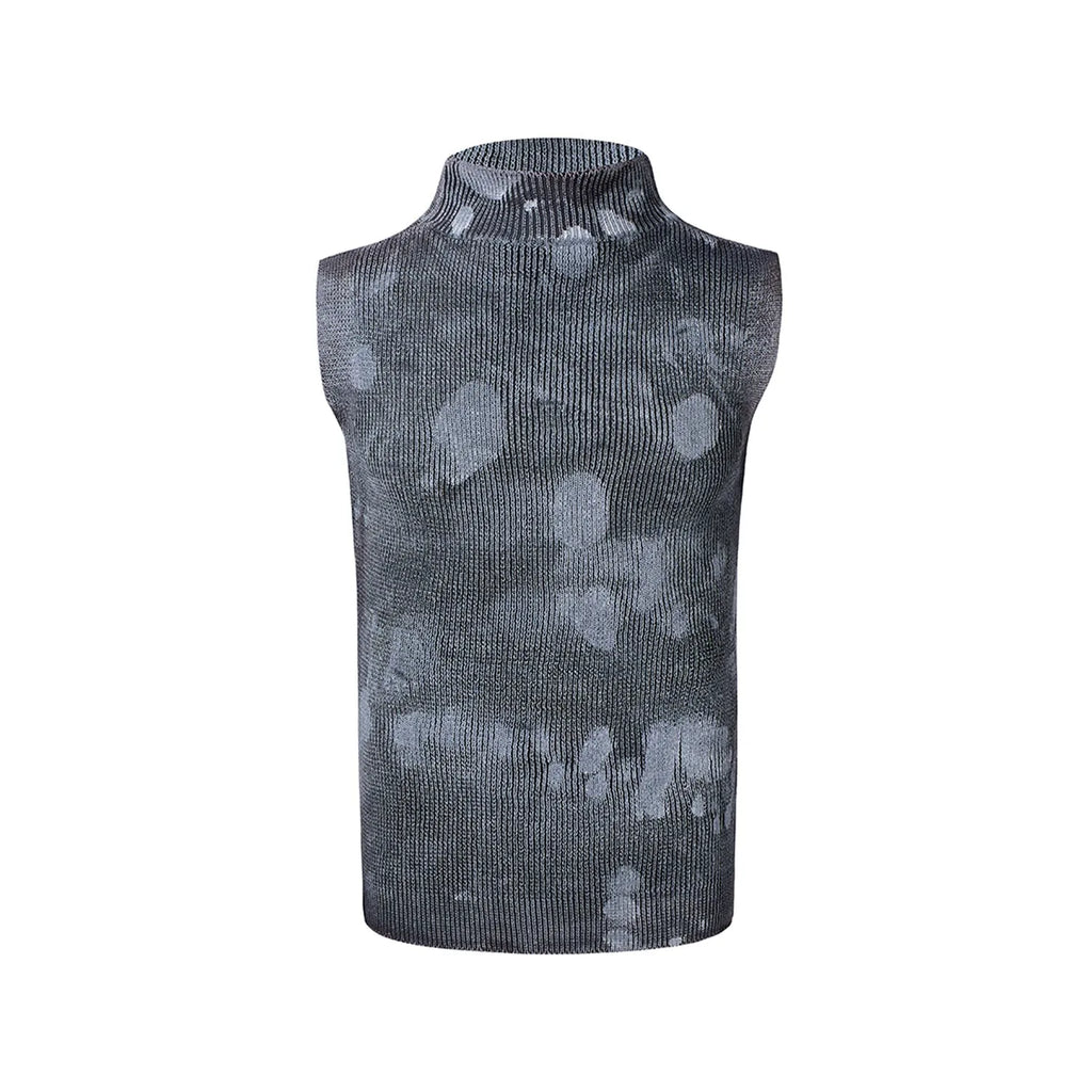 Men's black silver sleeveless t-shirt with stand collar and silver pastebrushing finish