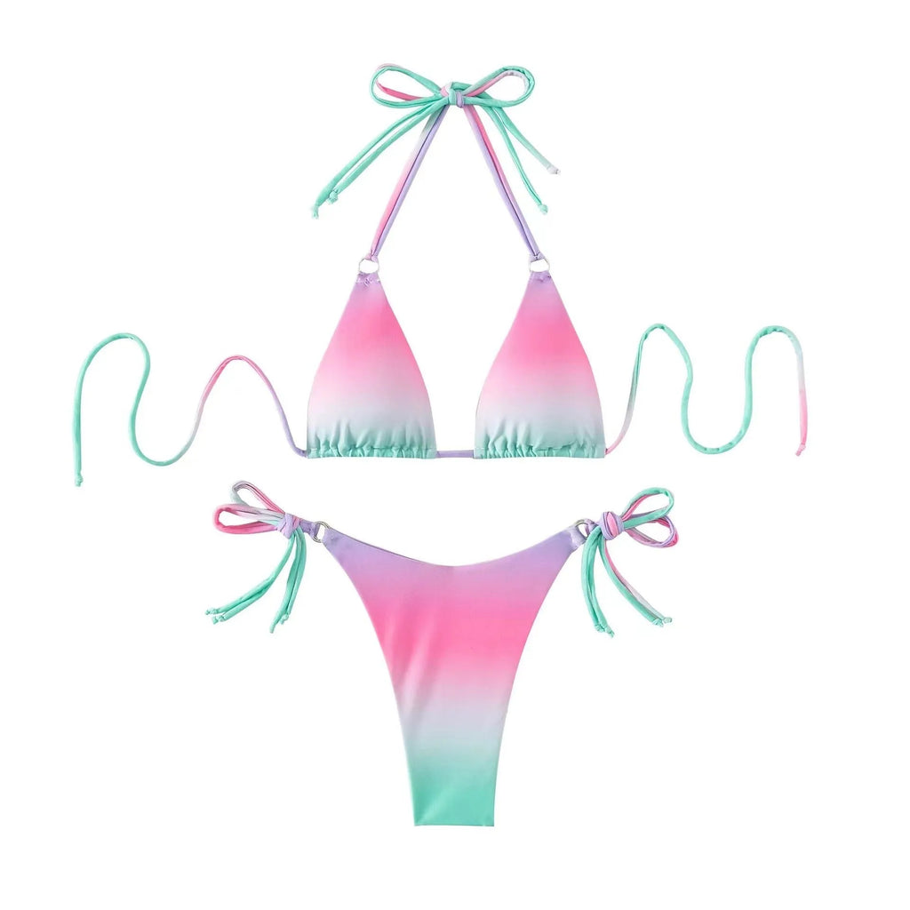 Women's gradient colour bikini swimwear set showing front and back views of separated top and bottom.