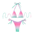 Women's gradient colour bikini swimwear set showing front and back views of separated top and bottom.