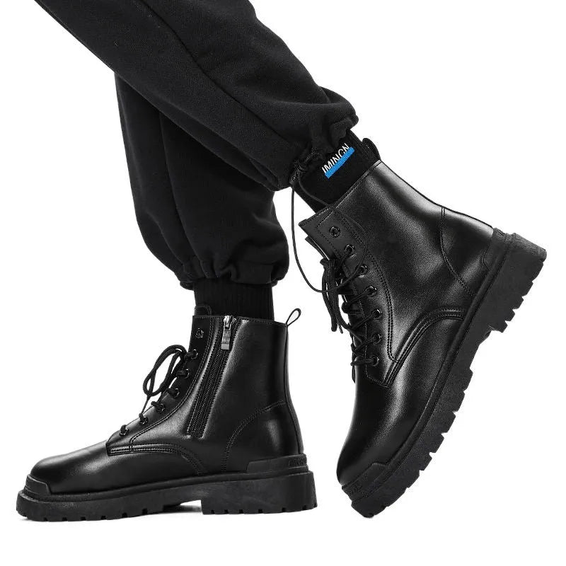 Men's black mid-top Martin boots with a flat rubber sole and PU leather upper.