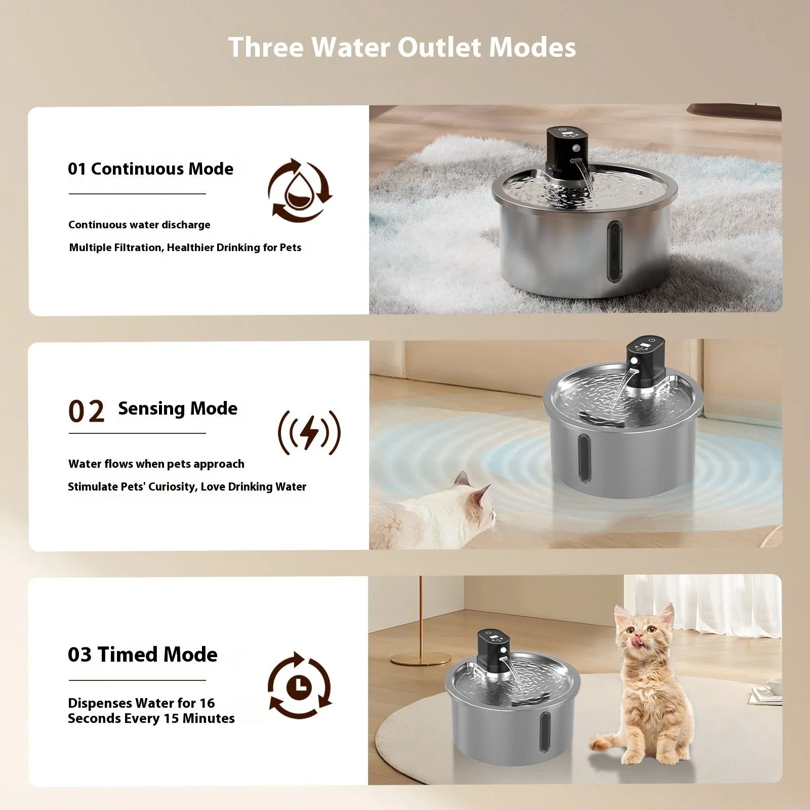 Stainless steel pet water fountain with constant temperature heating base in black colour