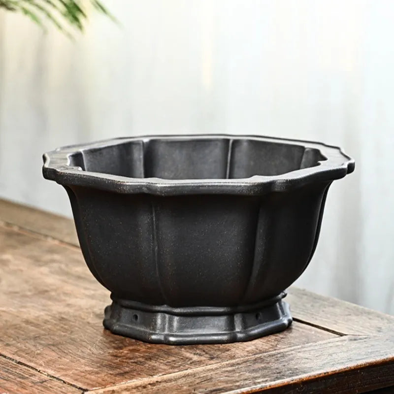 Handmade purple sand round flower pot with ancient copper clay finish for indoor plants