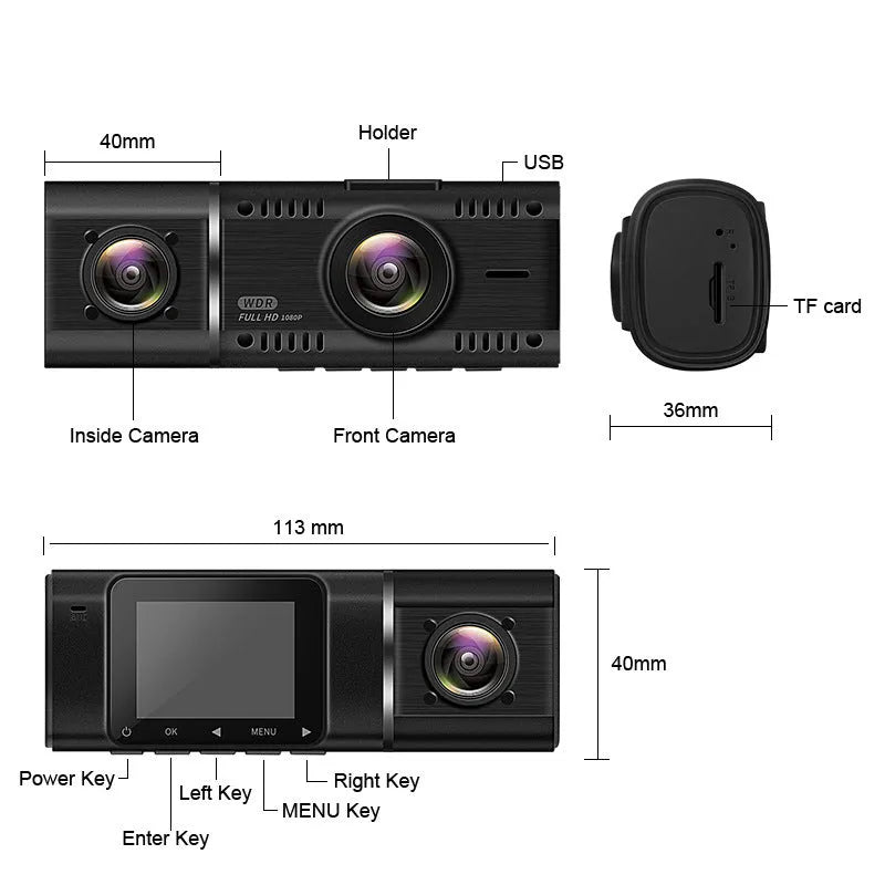 Black dash cam with 1.5-inch screen for car front and rear recording with parking surveillance