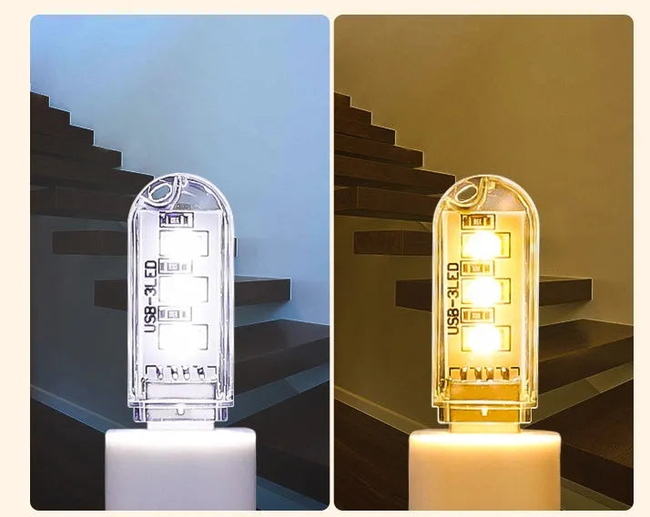 Small white LED night light with USB cable showing compact 6cm bedside design