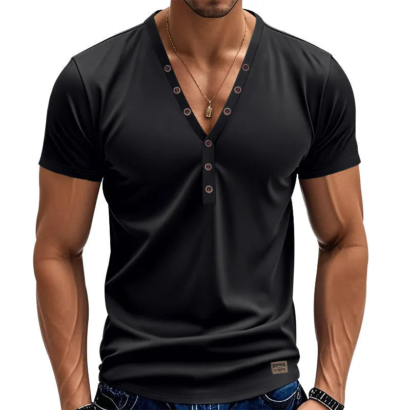 Men's loose fit thin V-neck pullover top in a solid colour with button detail.