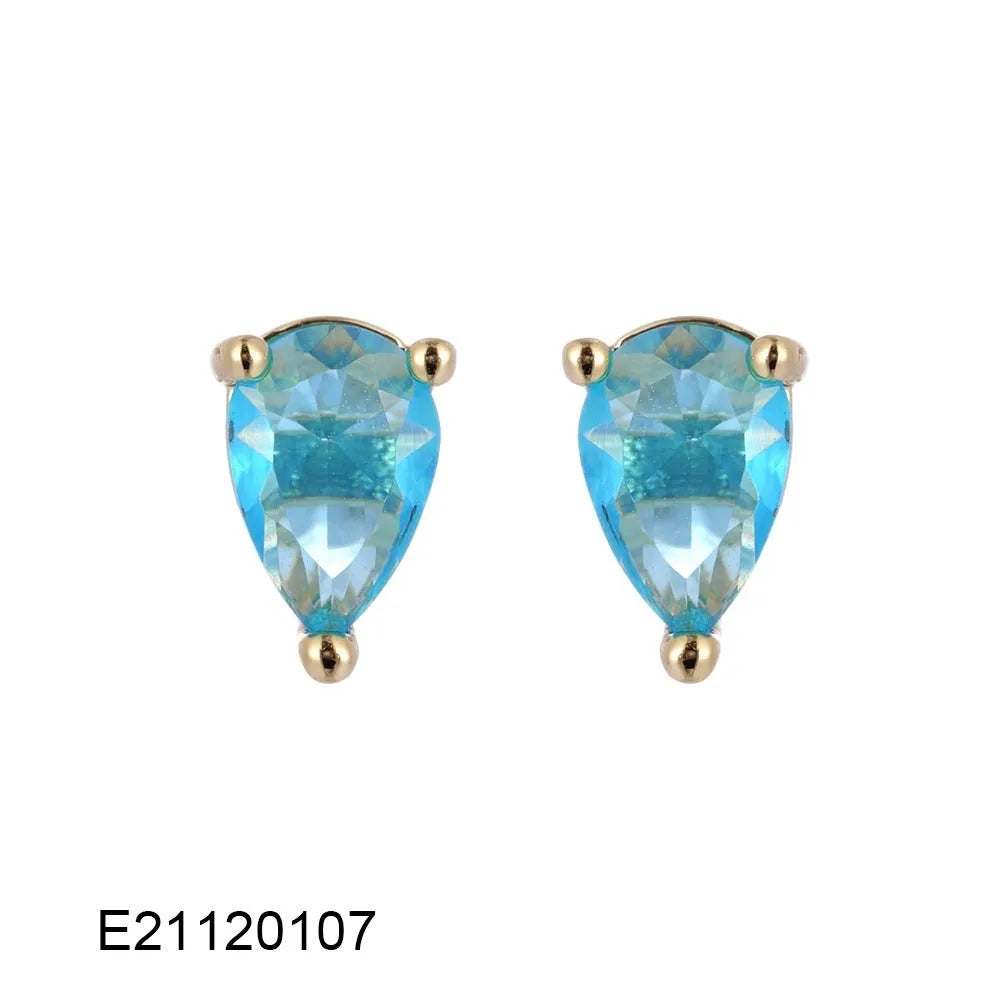 Brass gold-plated drop earrings with pear-shaped candy-coloured zircon stones on copper base