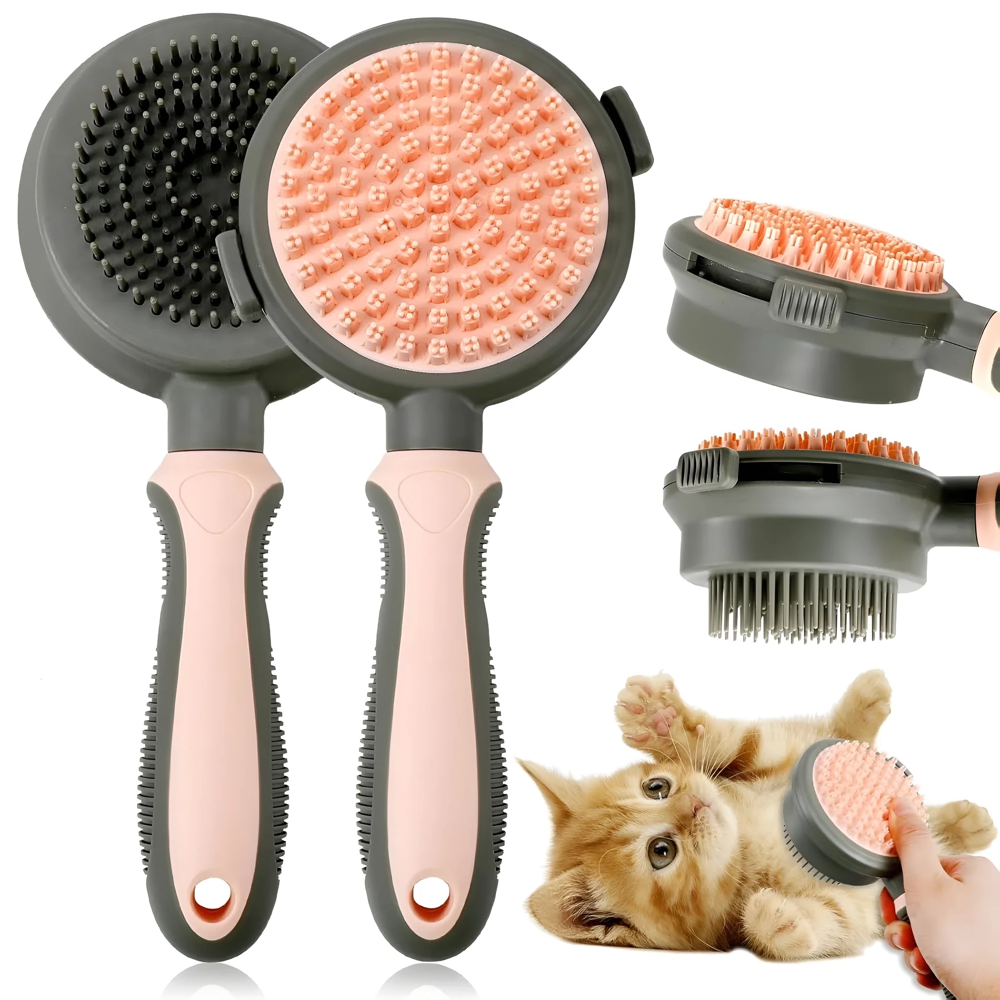 Green and pink double-sided cat grooming brush with slicker brush and flea comb, showing release button