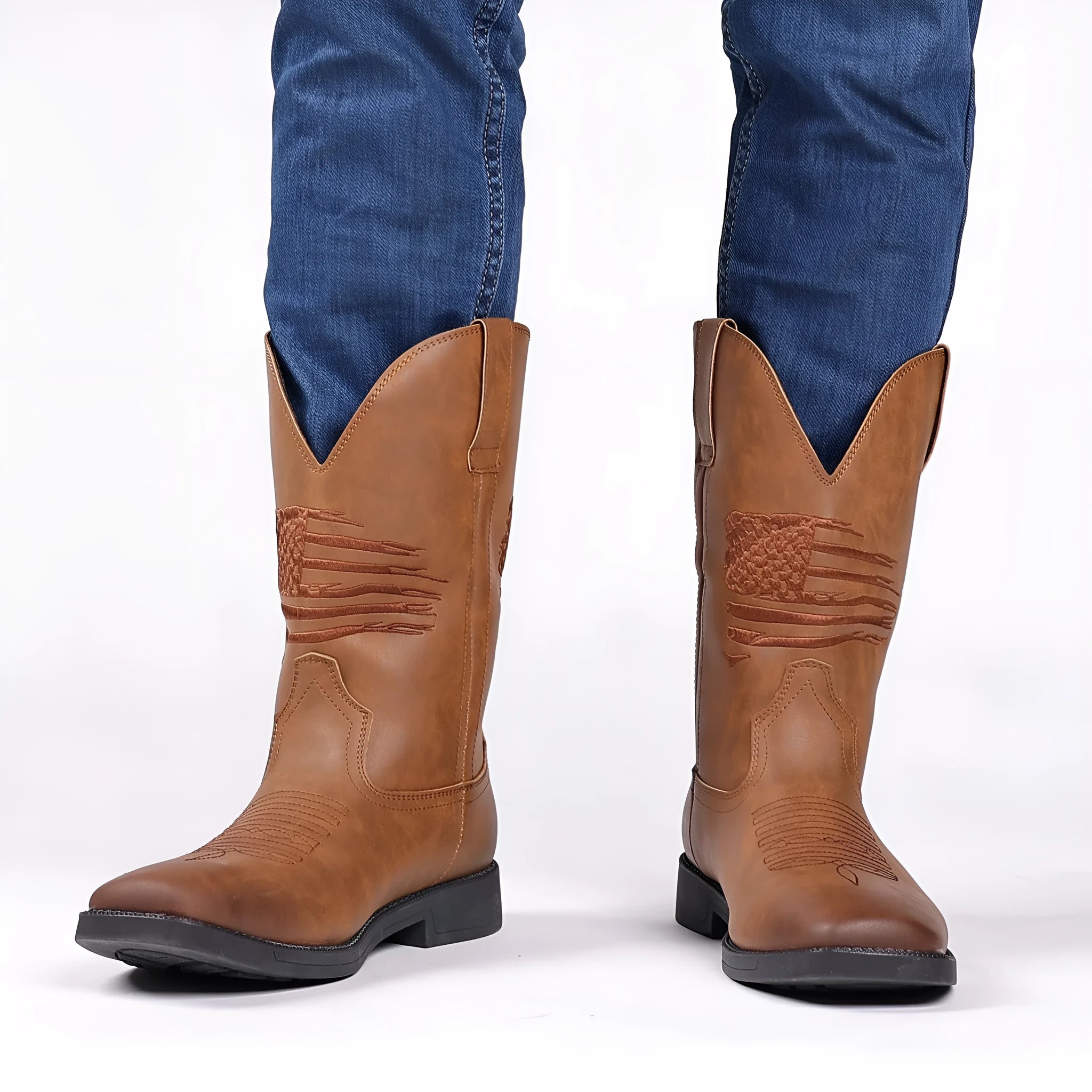Men's brown retro cowboy boots with wide head design, high shaft, and horseshoe heel