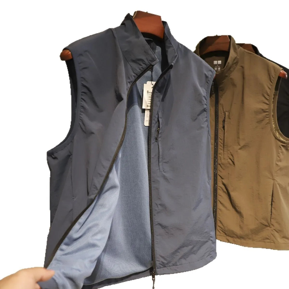 Men's thin nylon vest in army green with side seam pockets and a straight retro cardigan cut.
