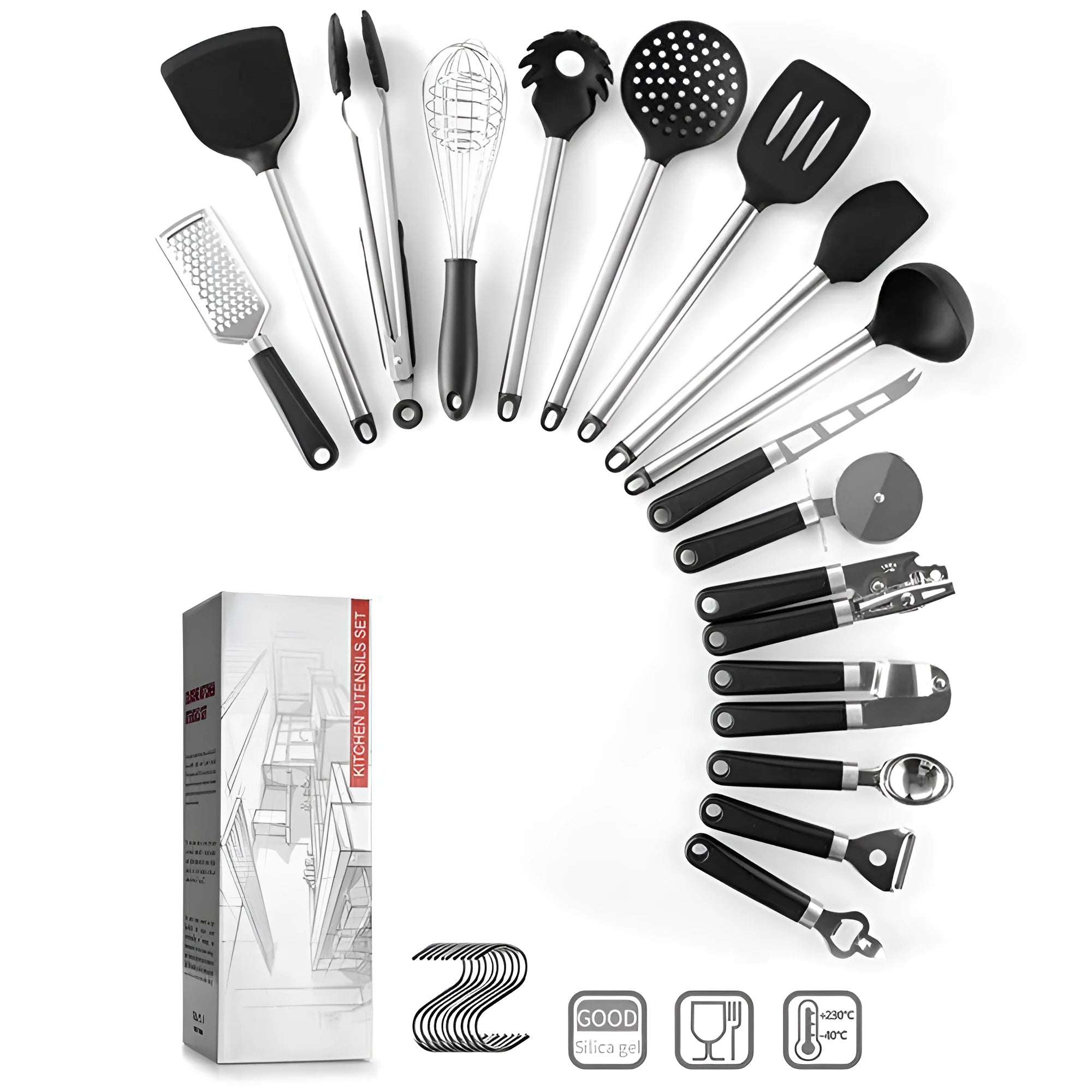 Black silicone and stainless steel kitchen utensil set with 16 pieces for cooking and baking